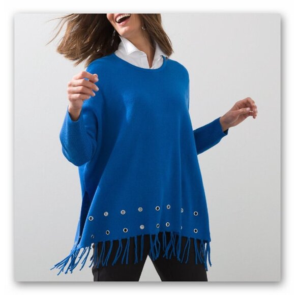Chico's Sweaters - Chico's blue knit gold tone grommets with fringes sweater poncho L /XL